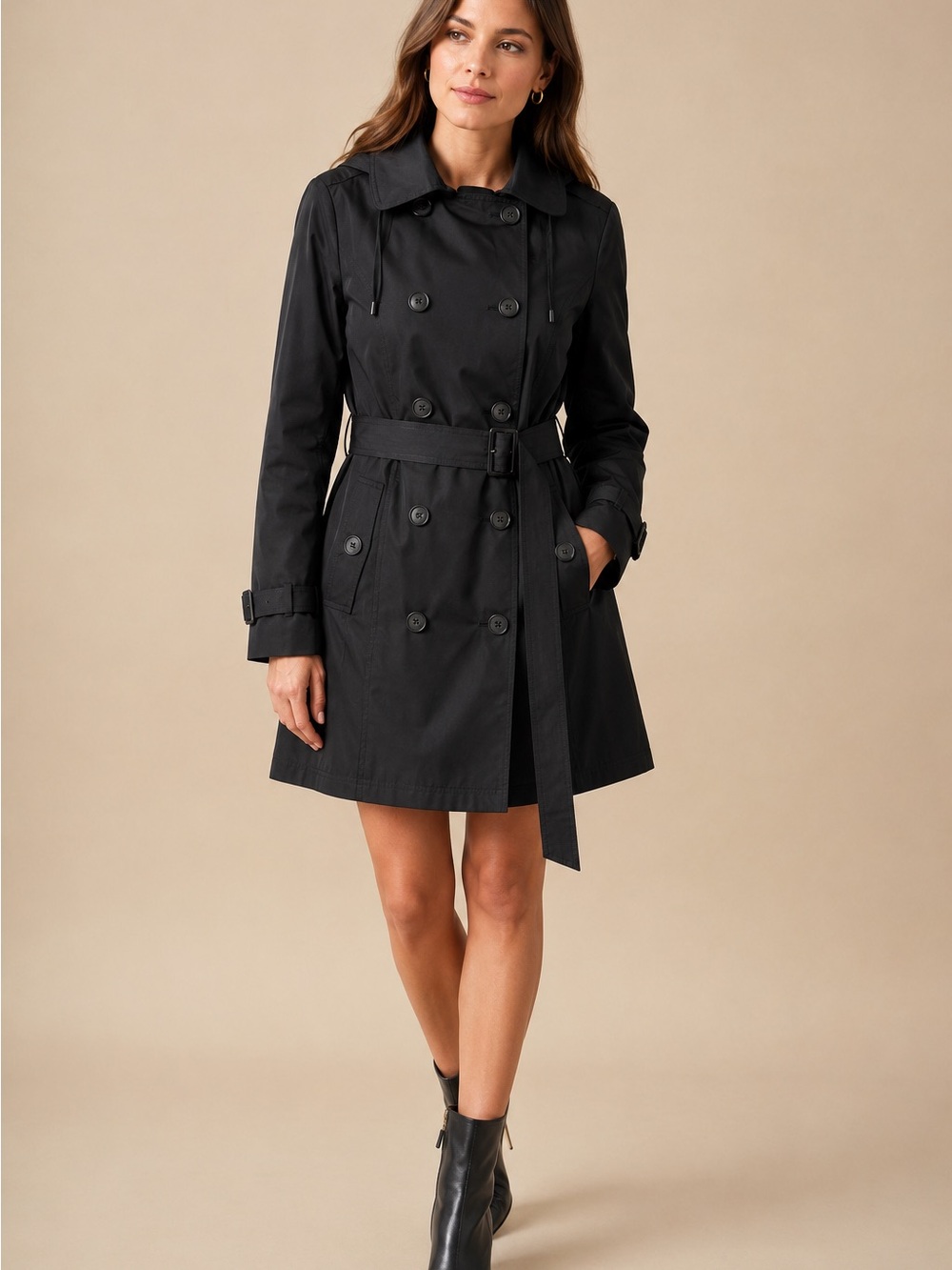 NWT Michael Kors Black Hooded Belted Double-Breasted Trench Coat Large